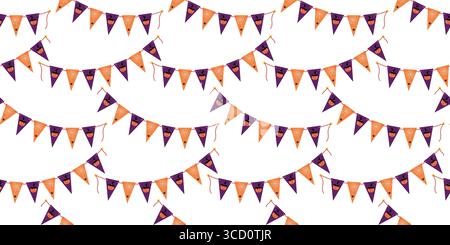 Halloween Pennant garland with Pumpkin in Witch Hat and Spider on web Seamless Pattern Banner Format. Isolated Vector illustration Halloween Greeting Wallpaper Party invite Banners, leaflets, labels  Stock Vector