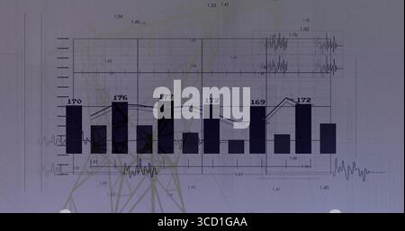 Displaying transparent bar and line chart on digital screen with gridlines, waveform, tower outline Stock Photo