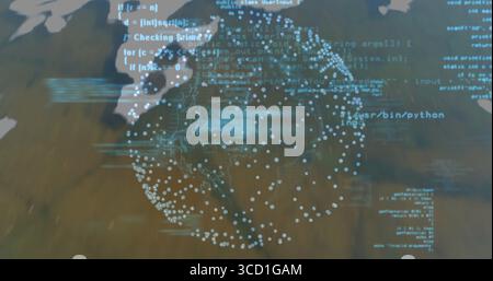 Displaying globe formed by white dots rotating over blurred map at interface, with code Stock Photo