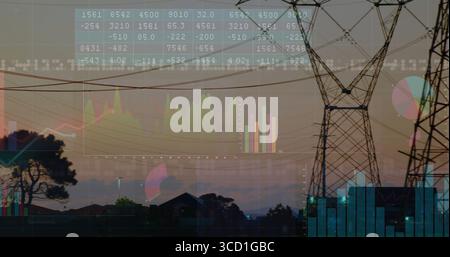 Displaying transmission tower extending power lines over dusk suburbs, with floating data overlays Stock Photo