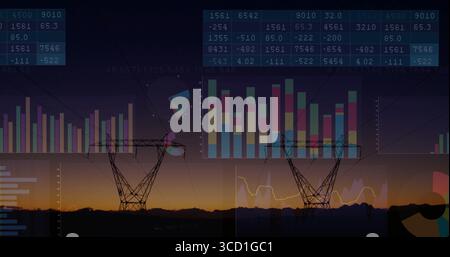 Displaying two steel power transmission towers against mountains at dusk, with faded bar charts Stock Photo