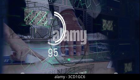 Tech hands typing code on laptop at office desk, with coffee cup, digital data display Stock Photo