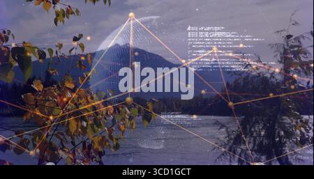 Displaying digital network overlay at mountain lake with golden nodes, mesh globe and floating code Stock Photo