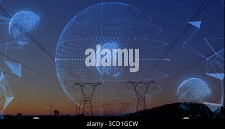 Hovering digital network sphere linking pylons, power lines and mesh lines over rural field at dusk Stock Photo