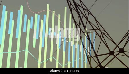 Displaying green-blue bars and pink-cyan lines on grey gradient, overlaying tower silhouette Stock Photo