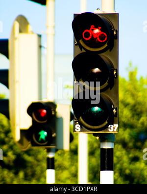 Bicycle traffic signal shows red, amber, and green symbols against a ...
