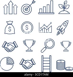 This engaging illustration features a collection of business and finance-themed icons, including upward arrows, a target, graphs, and a rocket. Stock Vector