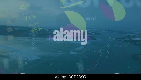 Showing malware overlay merging with sea, with pie and line graphs percentages and binary code Stock Photo