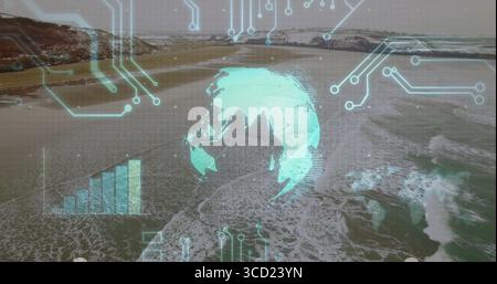 Displaying holographic globe hovering over rocky coast, with rising bar chart, neon circuit overlay Stock Photo