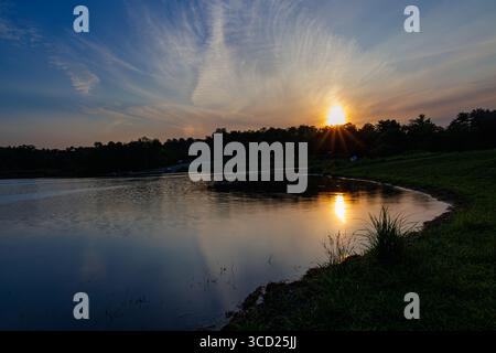 A tranquil sunset over a calm lake with golden light reflecting on the water’s surface. Stock Photo