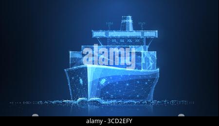 Worldwide cargo ship. Polygonal wireframe mesh art. Transportation, logistic, shipping concept illustration or background Stock Vector