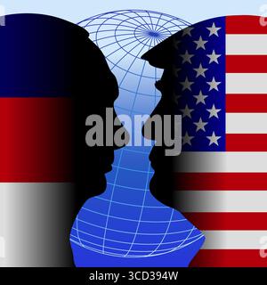 Silhouette portraits of Putin and Trump with flags, vector illustration Stock Vector