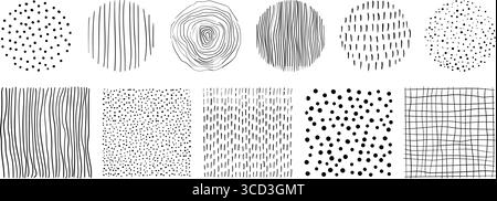 Hand drawn textures vector set. Abstract sketch organic circle and square shapes design elements Stock Vector