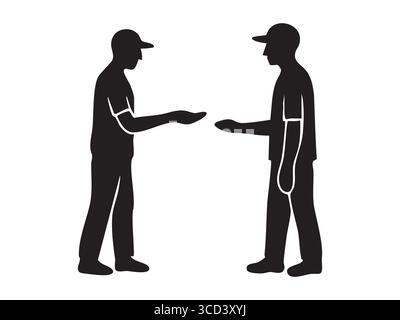 Black silhouette of two men in caps standing face to face with outstretched hands isolated on white background. Concept of conversation, asking, offer Stock Vector