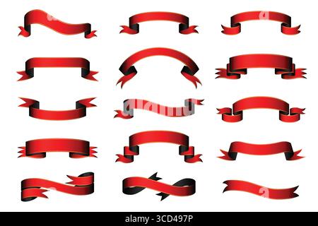 Set of red ribbons with golden stripes - vector illustration Stock Vector