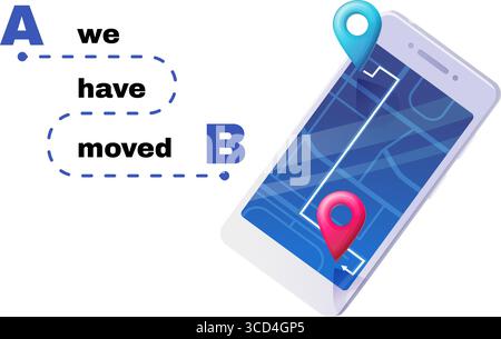 We have moved announcement with route from point A to B on smartphone night mode map screen Stock Vector