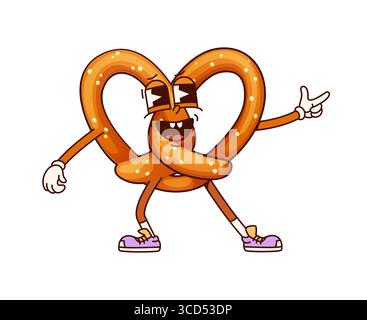 Fast food groovy pretzel character. Oktoberfest beer festival salty snack happy groovy mascot or Germany cuisine bakery pretzel cute 60s funky isolated vector personage or cheerful character sticker Stock Vector