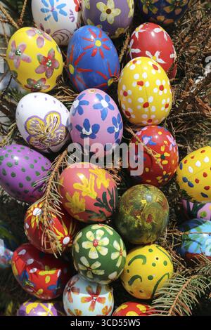 Easter eggs exposed in front of the parish church of St. Stephen in