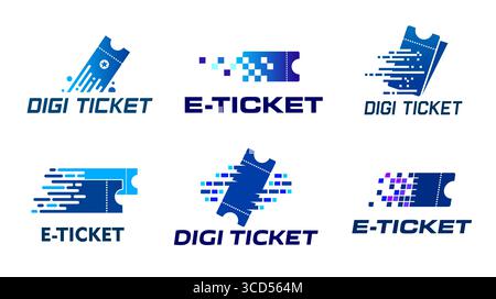 Digital e tickets icons, online coupons and mobile vouchers vector symbols with blue pixel distortion pattern. Movie or cinema theater pass, plane, bus or train detachable digital electronic e tickets Stock Vector
