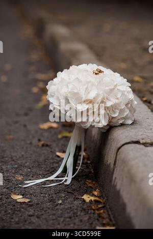A poignant image shows wedding rings nestled within a white hydrangea bouquet lying on a gray asphalt curb with autumn leaves, evoking a lost item the Stock Photo
