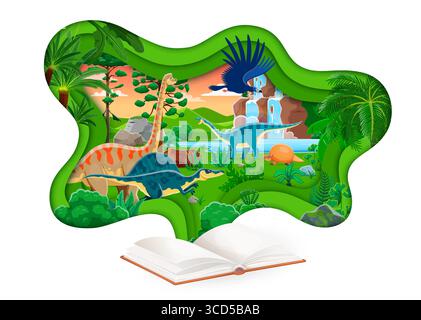 Opened book with paper cut prehistoric dinosaurs landscape. Paleontology science, prehistoric nature papercut vector concept with dinosaurs cute characters in jungle forest, waterfall and river Stock Vector