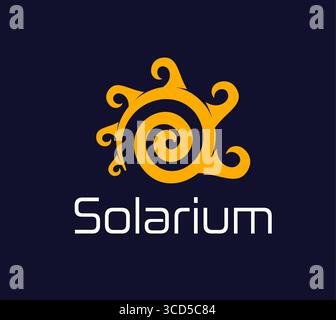 Solarium tan icon, summer beach sun symbol. Beauty salon solarium vector emblem, sunscreen cosmetics brand symbol. Summer vacation travel agency or resort beach sign with abstract spiral sun and rays Stock Vector