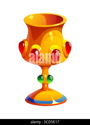 Cartoon golden goblet adorned with red and green gemstones, Egypt game icon asset, ancient Egyptian symbols and treasure. Cup for fantasy, royalty or magical themed games, quests and storytelling Stock Vector