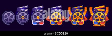 Movie theater or video rating rank badge, game level progress stage. Cartoon vector cinema icons with film reels, clapperboards and 3d glasses showing game level progression from basic to premium Stock Vector