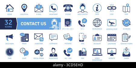Contact Us Icons: Communication and Support Channels. Various methods to get in touch, including phone, email, chat, and social media Stock Vector