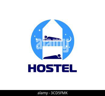Hostel hotel icon, vector emblem with two sleeping people on bunk beds inside house shape. Night sky with stars and moon in blue circle background. Minimal label for accommodation or travel service Stock Vector
