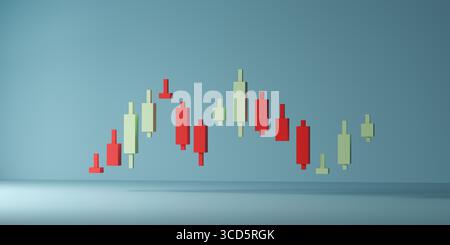 3D render of red and light green candlestick chart on pale blue background showing market trends, perfect for stock market analysis, forex trading, in Stock Photo