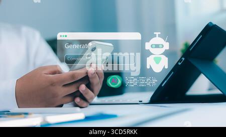 Artificial intelligence and automation concept. Person using smartphone with AI chatbot command prompt and robot icon on tablet screen. Stock Photo