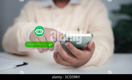 Artificial intelligence integration in daily life, customer service automation, and innovative business technology. Person using smartphone AI chatbot Stock Photo