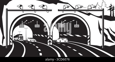 Traffic enforcement cameras on highway tunnel in mountains – vector illustration Stock Vector