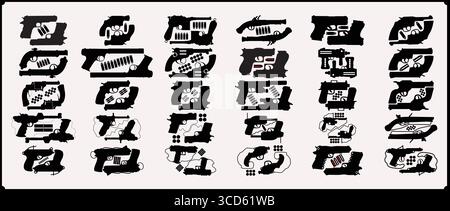 A collection of silhouettes depicting various guns and ammunition in a graphic arrangement design Stock Vector