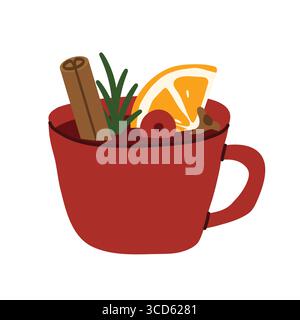 cup of mulled wine with orange slices, cinnamon roll and clove - vector illustration Stock Vector