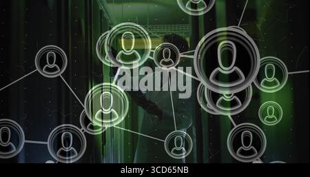 Inspecting servers, Korean technician holding tablet in data center, with racks, network overlay Stock Photo
