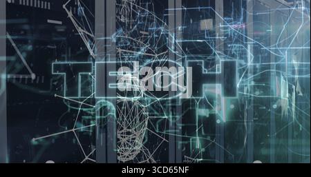 Displaying large transparent TECH text over translucent panels in digital grid, with neon nodes Stock Photo