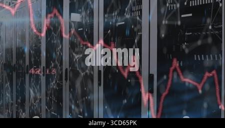 Server cabinets with lights and cables lining data center, showing red graph overlay on shiny floor Stock Photo