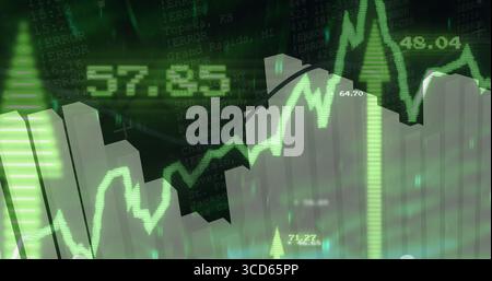 Displaying dashboard showing rising 3D bars on grid, with line graph labels and city-error overlay Stock Photo