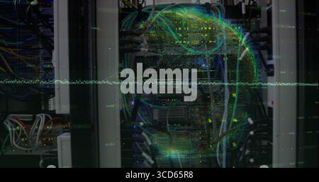 Displaying server racks projecting hologram network sphere in server room showing Ethernet cables Stock Photo
