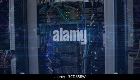 Displaying central server rack humming in data center, with multicolored cables and glowing LEDs Stock Photo