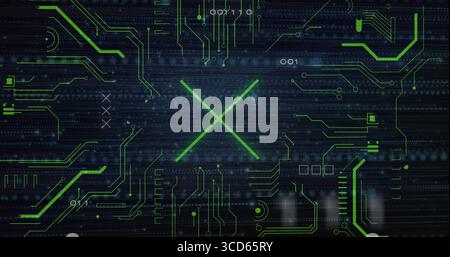 Displaying central glowing green 'X' on dark matrix interface, showing neon circuit pathways Stock Photo