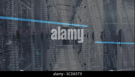 Displaying server racks reflecting floor in datacenter hall, floating code overlay with LED lights Stock Photo