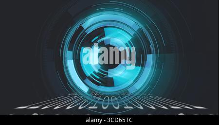 Pulsing circular digital interface projecting binary code stream on virtual plane, data display Stock Photo