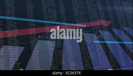 Displaying data dashboard on screen, featuring red and blue arrows, line graph and numeric columns Stock Photo