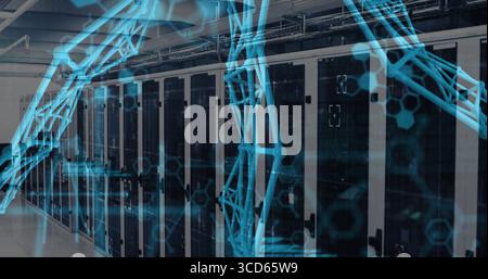 Showing server cabinets running along data center corridor, featuring holographic arm overlay Stock Photo