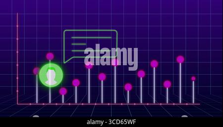 Displaying 3D bar-chart hovering over grid environment, with bars, magenta spheres, avatar bubble Stock Photo