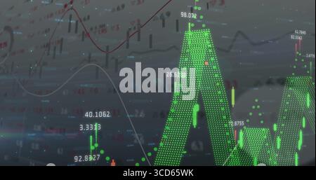 Showing green dot matrix line graph rising on dashboard, with candlestick bars, numeric overlays Stock Photo
