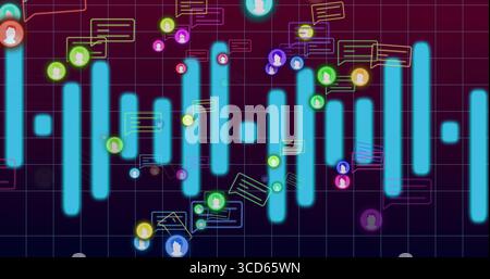 Displaying cyan bars forming waveform over purple grid interface, with neon chat bubbles and icons Stock Photo